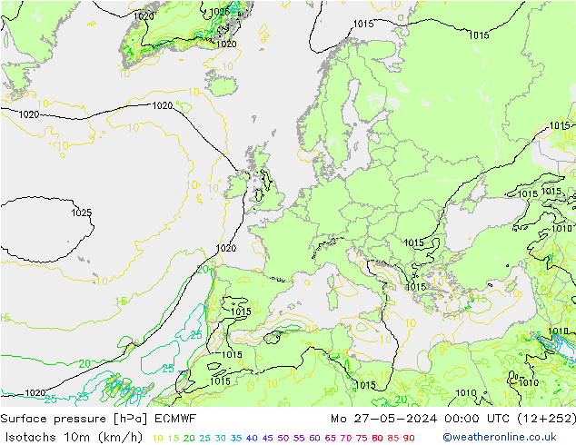 Isotachen (km/h) ECMWF ma 27.05.2024 00 UTC