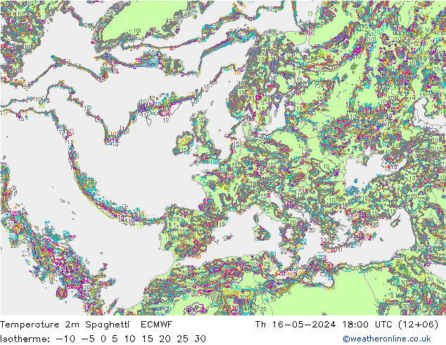 Temperature 2m Spaghetti ECMWF Čt 16.05.2024 18 UTC