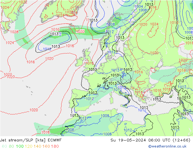 Straalstroom/SLP ECMWF zo 19.05.2024 06 UTC