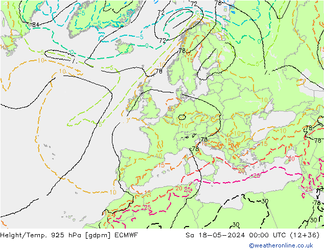 Height/Temp. 925 hPa ECMWF Sa 18.05.2024 00 UTC