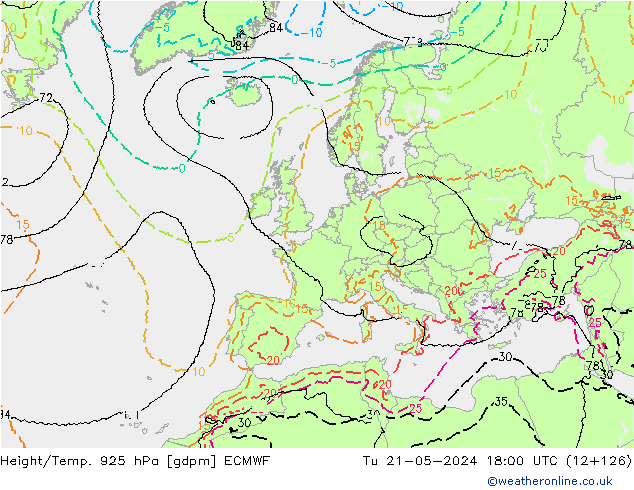 Height/Temp. 925 hPa ECMWF Di 21.05.2024 18 UTC