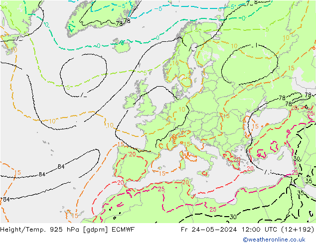 Height/Temp. 925 hPa ECMWF Sex 24.05.2024 12 UTC
