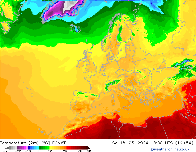 Temperatura (2m) ECMWF sáb 18.05.2024 18 UTC