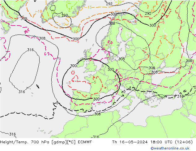 Height/Temp. 700 hPa ECMWF Th 16.05.2024 18 UTC