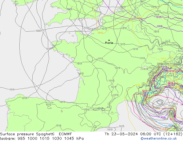 pressão do solo Spaghetti ECMWF Qui 23.05.2024 06 UTC