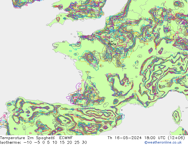 Temperatura 2m Spaghetti ECMWF gio 16.05.2024 18 UTC