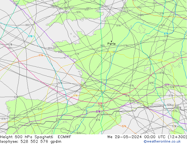 Hoogte 500 hPa Spaghetti ECMWF wo 29.05.2024 00 UTC