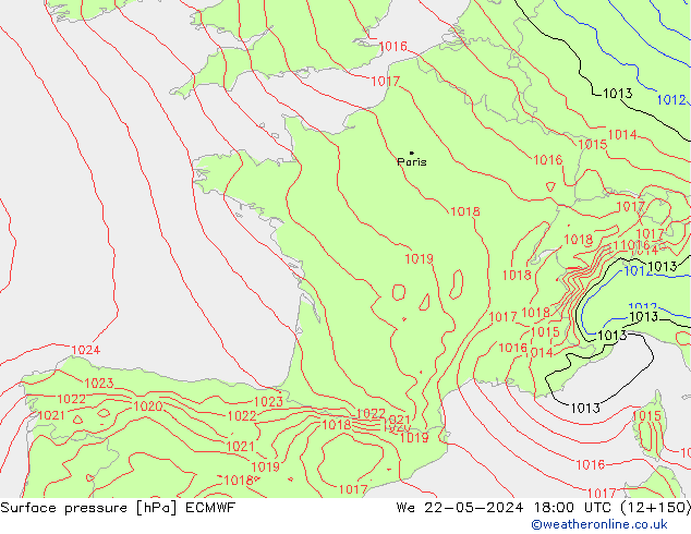 Presión superficial ECMWF mié 22.05.2024 18 UTC