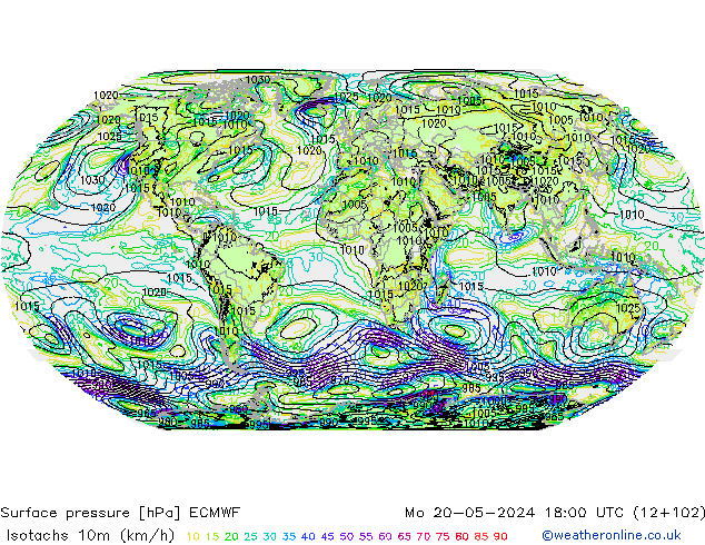 Isotachs (kph) ECMWF lun 20.05.2024 18 UTC