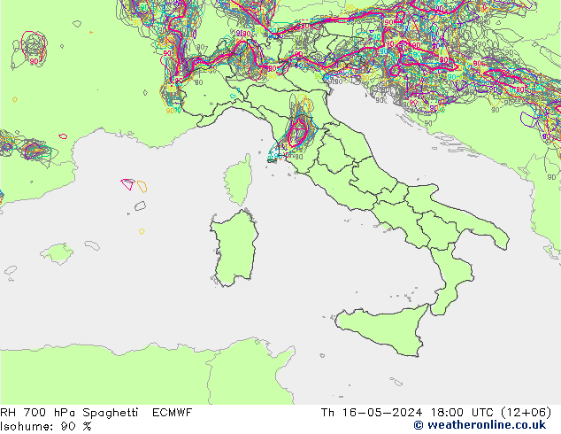 RH 700 hPa Spaghetti ECMWF Qui 16.05.2024 18 UTC