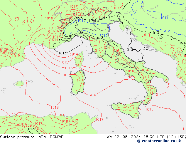 Luchtdruk (Grond) ECMWF wo 22.05.2024 18 UTC