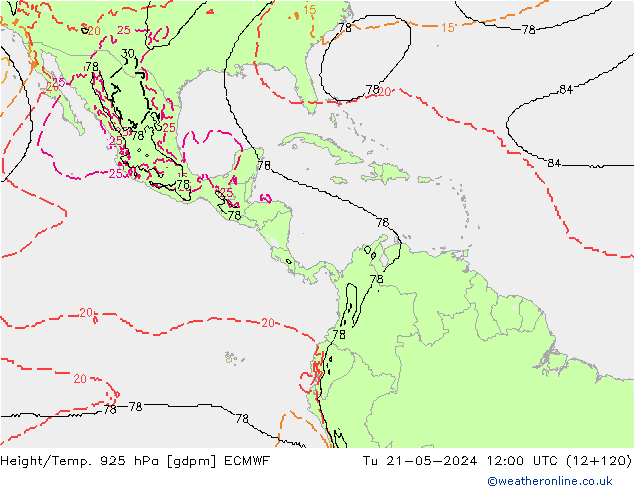 Height/Temp. 925 hPa ECMWF Út 21.05.2024 12 UTC