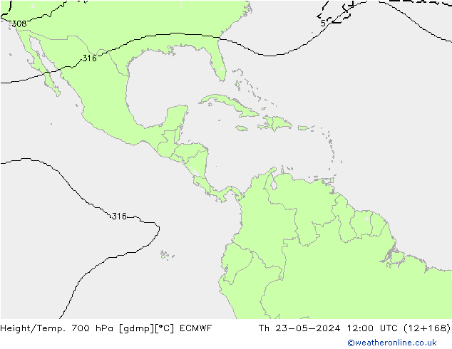 Height/Temp. 700 гПа ECMWF чт 23.05.2024 12 UTC