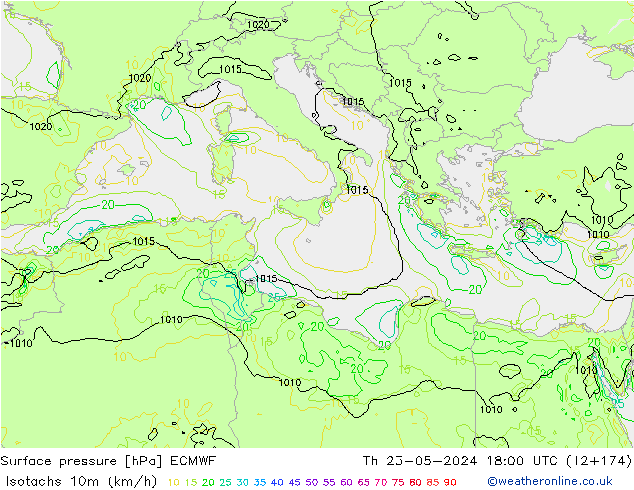 Isotachs (kph) ECMWF Th 23.05.2024 18 UTC