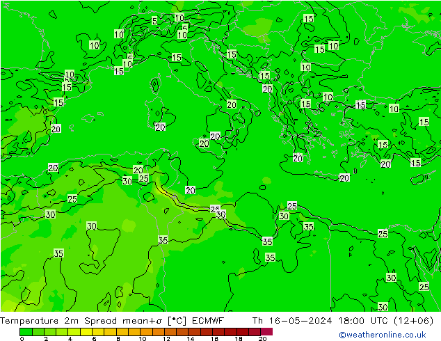 Temperature 2m Spread ECMWF Th 16.05.2024 18 UTC