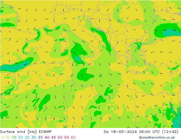Wind 10 m ECMWF za 18.05.2024 06 UTC