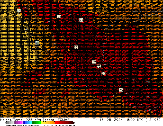 Geop./Temp. 925 hPa ECMWF jue 16.05.2024 18 UTC