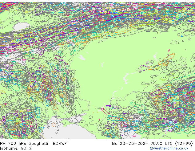 RH 700 hPa Spaghetti ECMWF Mo 20.05.2024 06 UTC