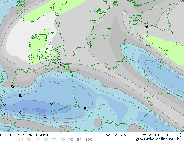 RH 700 гПа ECMWF сб 18.05.2024 06 UTC