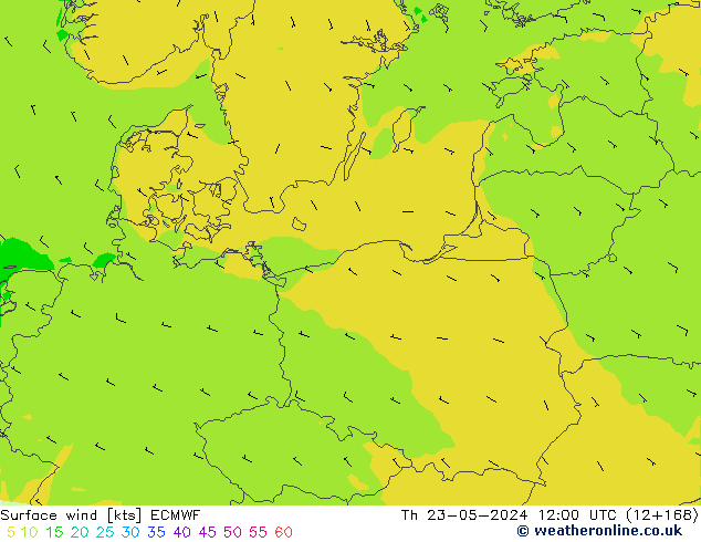 Surface wind ECMWF Čt 23.05.2024 12 UTC