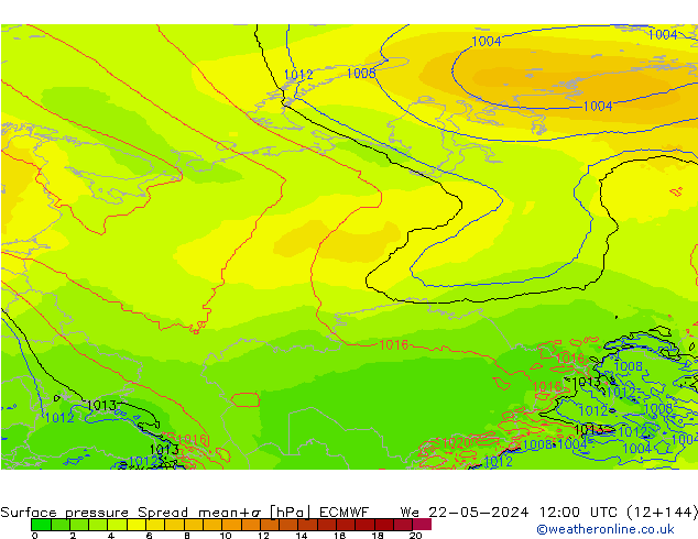 Presión superficial Spread ECMWF mié 22.05.2024 12 UTC