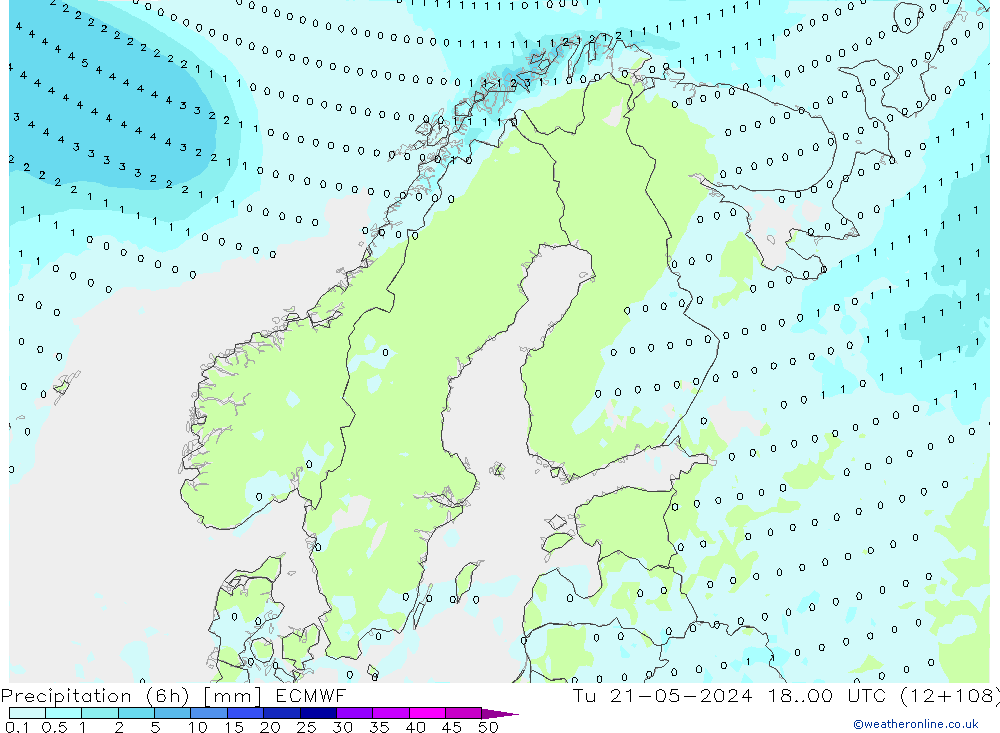 Precipitation (6h) ECMWF Út 21.05.2024 00 UTC