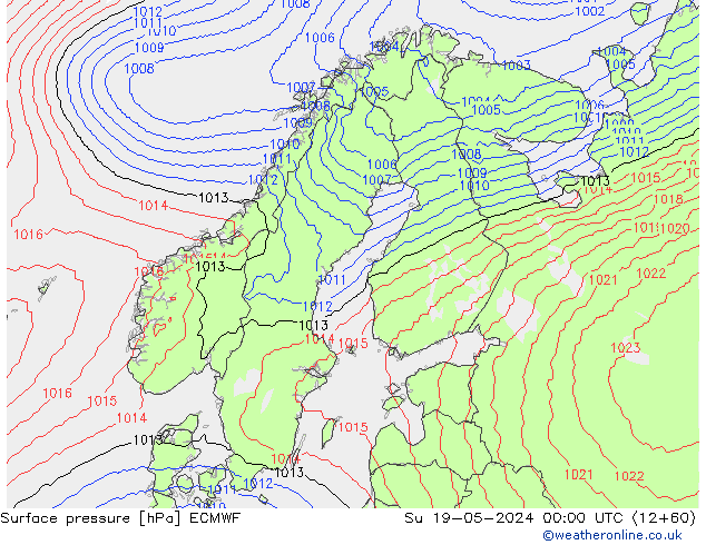 Pressione al suolo ECMWF dom 19.05.2024 00 UTC