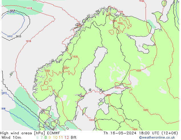 High wind areas ECMWF 星期四 16.05.2024 18 UTC