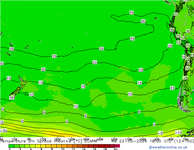 Temperatura 2m Spread ECMWF mer 22.05.2024 18 UTC