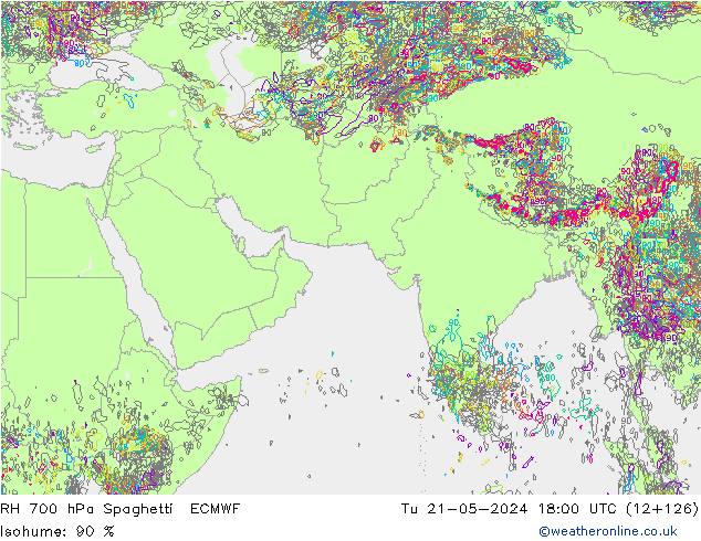 RH 700 hPa Spaghetti ECMWF Tu 21.05.2024 18 UTC