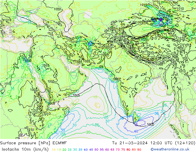 Isotachs (kph) ECMWF Út 21.05.2024 12 UTC