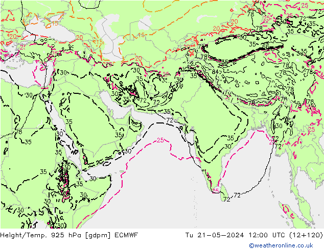 Height/Temp. 925 hPa ECMWF mar 21.05.2024 12 UTC