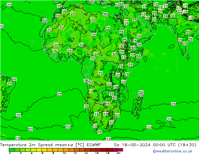 mapa temperatury 2m Spread ECMWF so. 18.05.2024 00 UTC