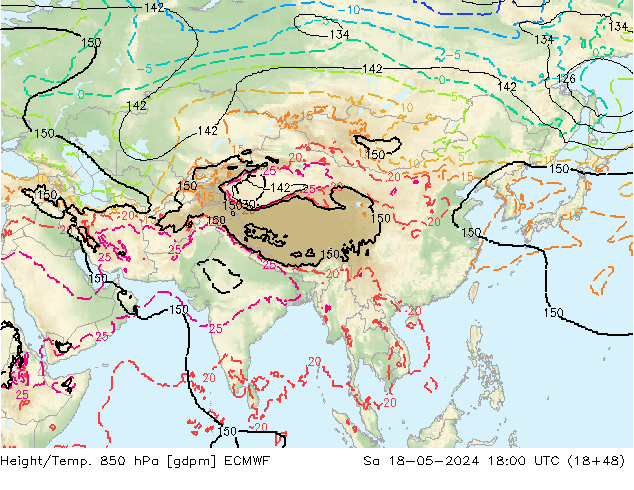 Hoogte/Temp. 850 hPa ECMWF za 18.05.2024 18 UTC
