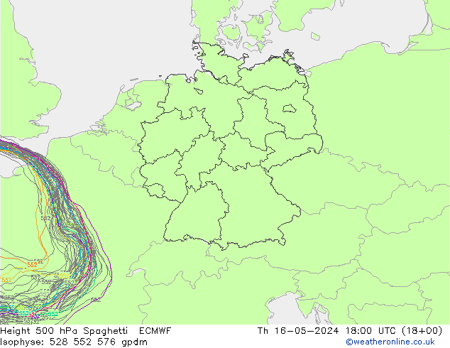 Height 500 hPa Spaghetti ECMWF Qui 16.05.2024 18 UTC