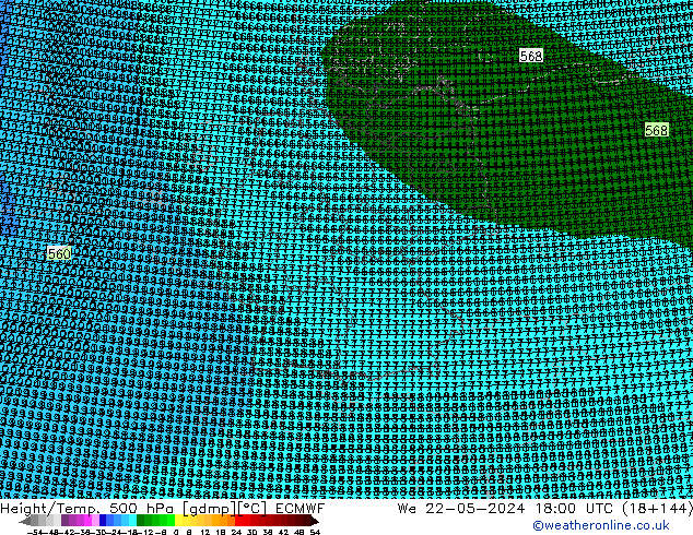 Height/Temp. 500 hPa ECMWF Mi 22.05.2024 18 UTC