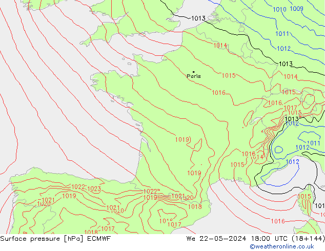 Presión superficial ECMWF mié 22.05.2024 18 UTC
