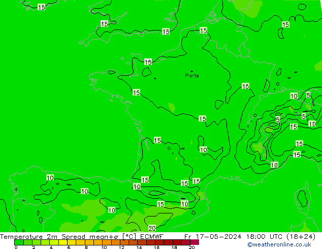 Temperatura 2m Spread ECMWF ven 17.05.2024 18 UTC