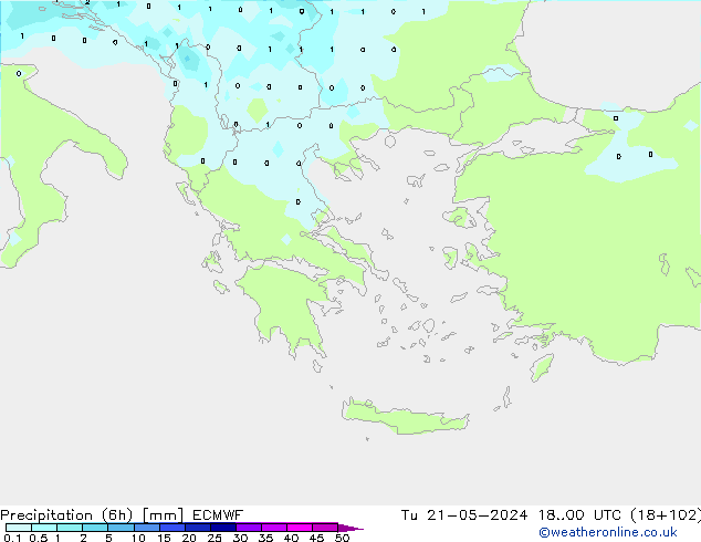Precipitation (6h) ECMWF Tu 21.05.2024 00 UTC