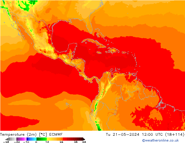 Temperatuurkaart (2m) ECMWF di 21.05.2024 12 UTC