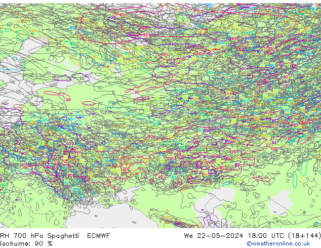 RH 700 hPa Spaghetti ECMWF Qua 22.05.2024 18 UTC
