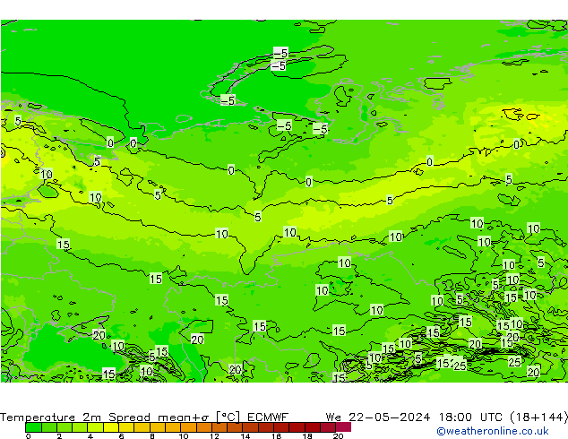 Temperature 2m Spread ECMWF We 22.05.2024 18 UTC