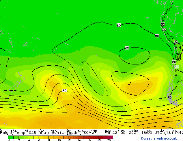 Height/Temp. 925 hPa ECMWF mer 22.05.2024 18 UTC