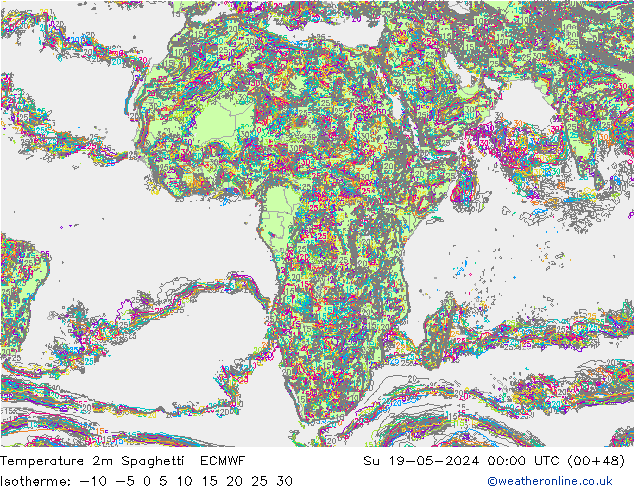 Temperature 2m Spaghetti ECMWF Su 19.05.2024 00 UTC