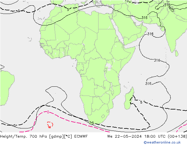 Yükseklik/Sıc. 700 hPa ECMWF Çar 22.05.2024 18 UTC
