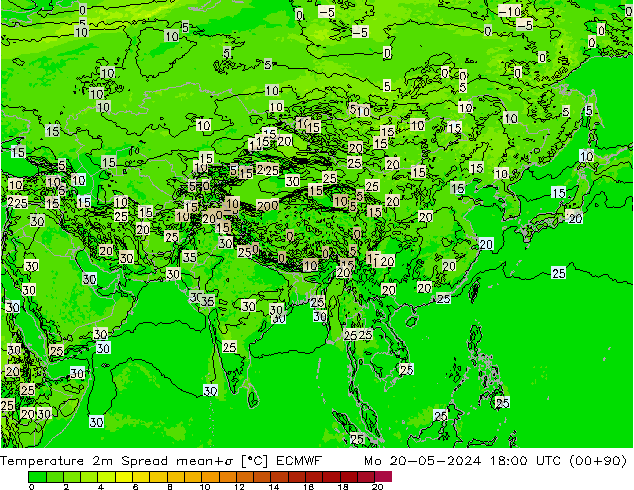 Temperature 2m Spread ECMWF Mo 20.05.2024 18 UTC
