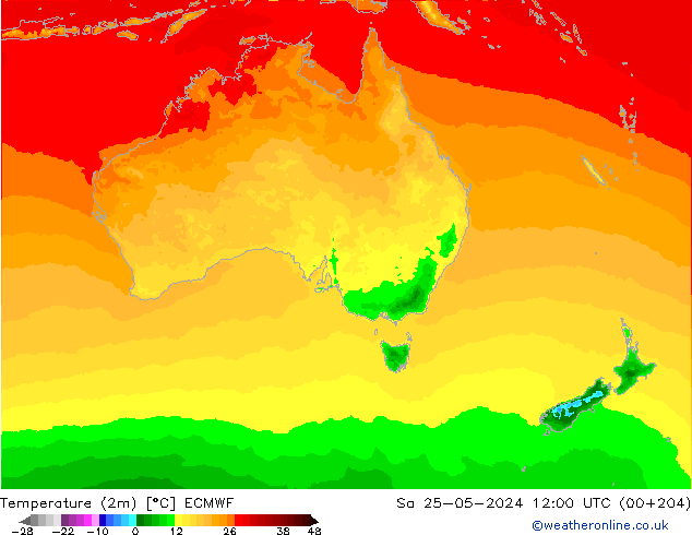 Temperature (2m) ECMWF Sa 25.05.2024 12 UTC