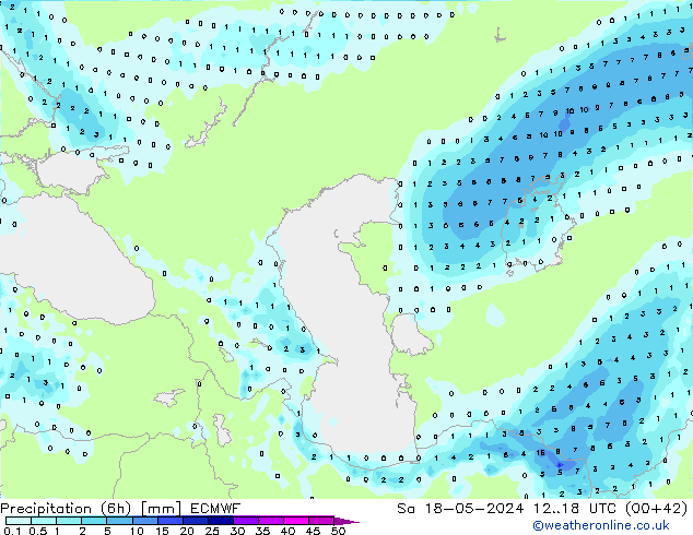 Precipitation (6h) ECMWF Sa 18.05.2024 18 UTC