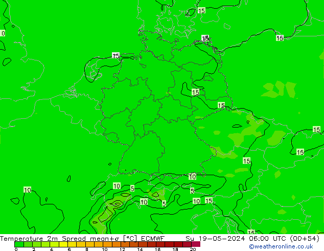 Temperatuurkaart Spread ECMWF zo 19.05.2024 06 UTC