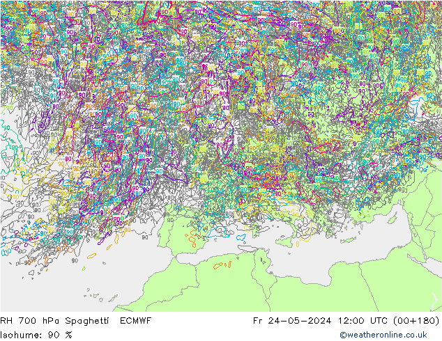 RH 700 hPa Spaghetti ECMWF Fr 24.05.2024 12 UTC